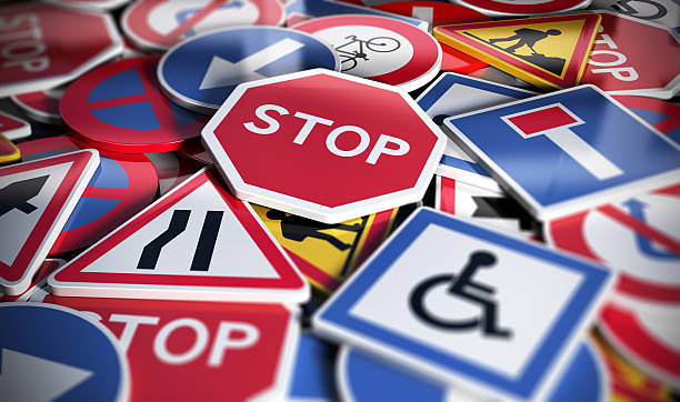 Perspetive view of numerous french traffic road signs. Concept image for background, 3D illustration